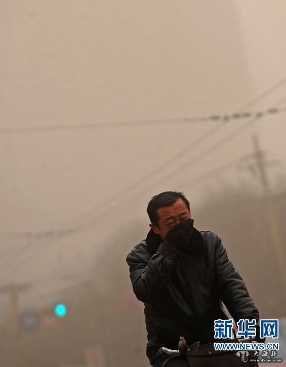 2月28日，在太原街头，一位骑车人在沙尘暴中捂嘴前行。新华社记者范敏达 摄