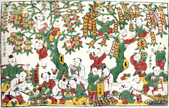 山东年画《富贵满堂》，画面上有两棵“摇钱树”和20个招财童子