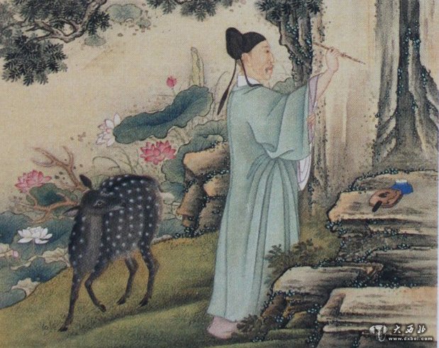 在清代宫廷画《雍正帝行乐图》之十四中，雍正皇帝扮成苏轼于山野题壁。